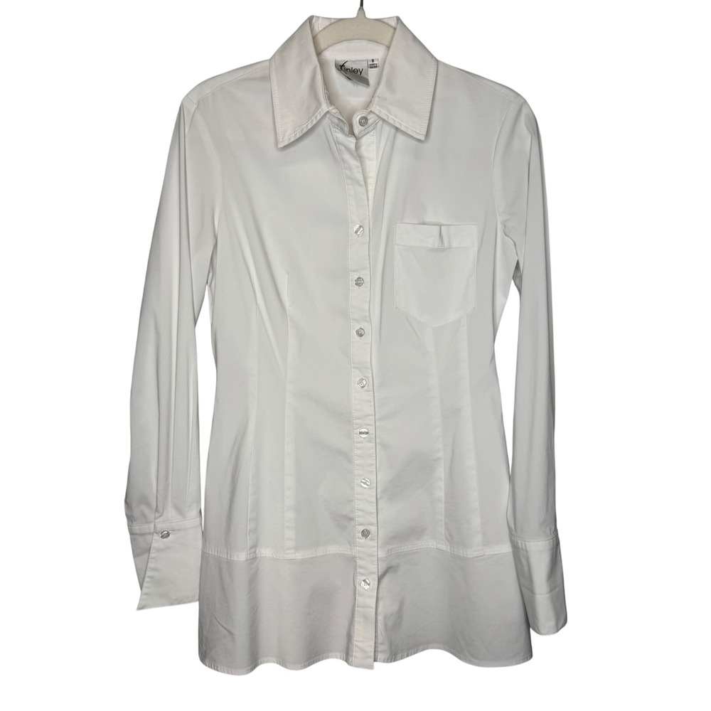 Finley Womens White Button Down Tunic Shirt Tailored Long Sleeve Made in USA S